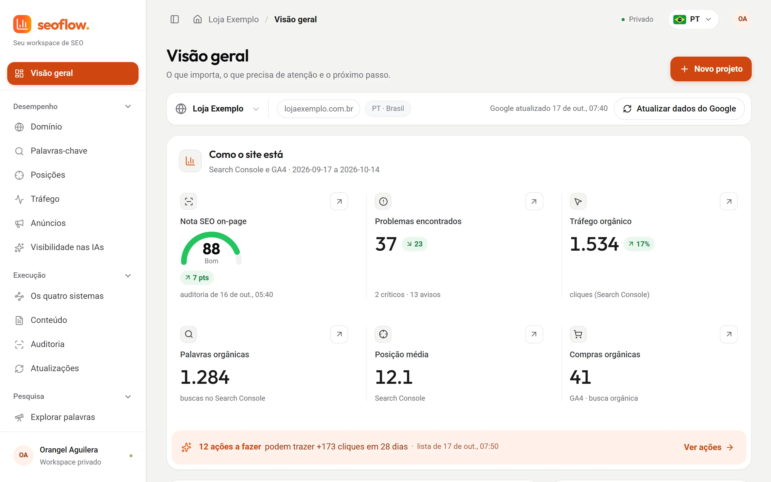 Visão geral do SEOFlow com um projeto fictício